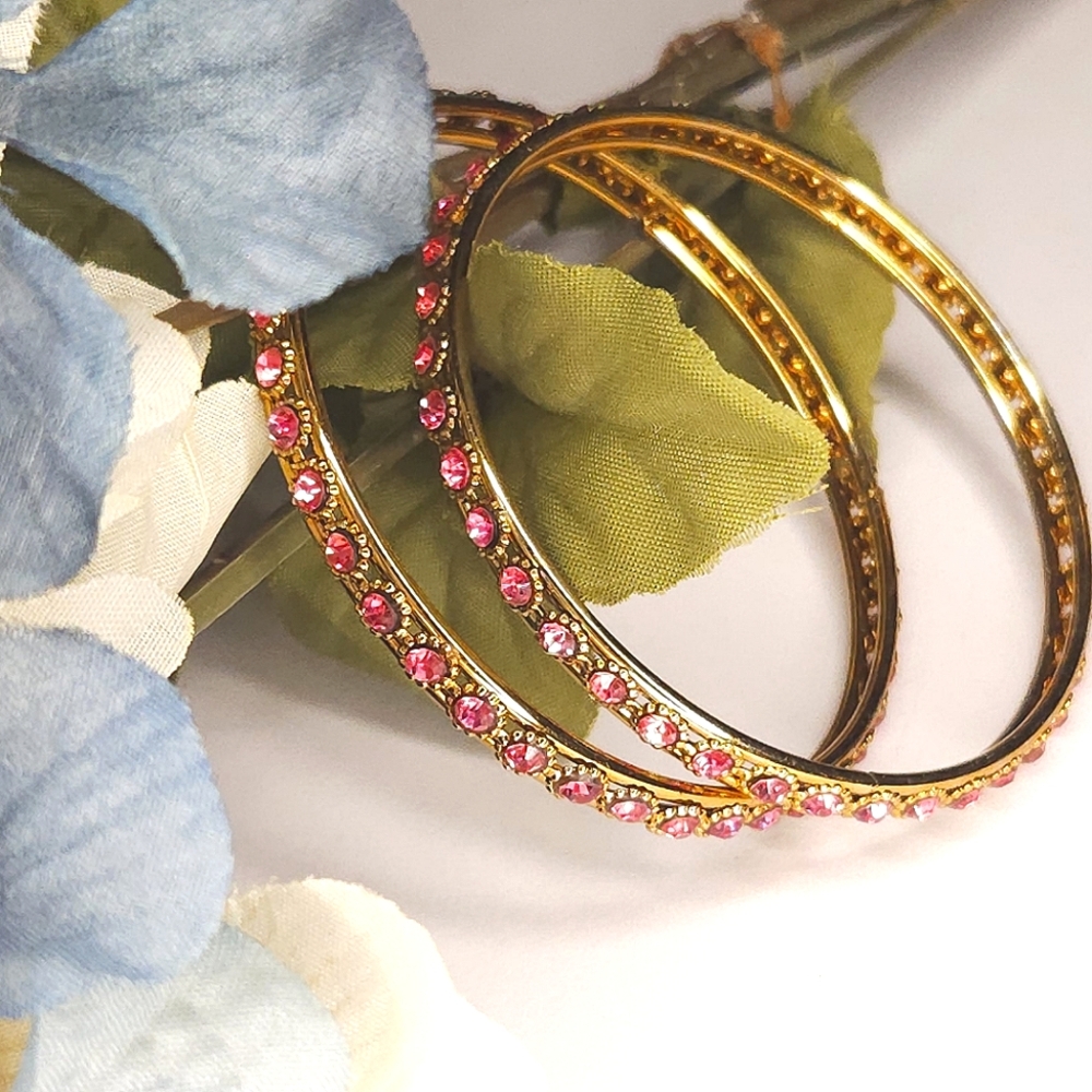 2 Vintage Pink Crystal Golden Bangle Bracelets Glass Crystal Bracelet Set